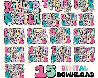 Back to School Bundle, Teacher PNG, Kindergarten, First Day Of School, School Png, Retro PNG, First/Second/Third Grade Design (15 PNG)