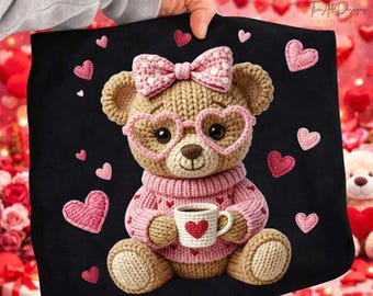 Faux Yarn Valentine Teddy Bear PNG, Coquette Heart Love Design, Cute Valentine Graphic for Shirts, Sublimation Digital Download