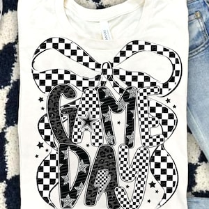 Game Day PNG Design, Black and White Football Shirt Clipart, Checkered Star Sublimation, Retro Sports Digital Download File