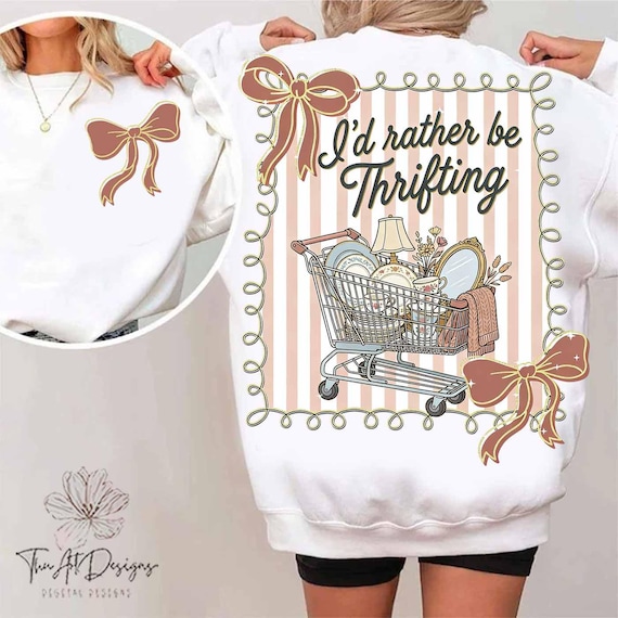 Coquette I’d Rather Be Thrifting Bow PNG, Vintage Thrift Shopping Cart Design, Cute Thrift Store Graphic, Retro Floral Sublimation PNG