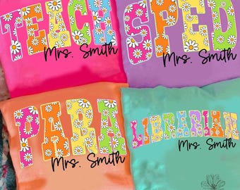 School Occupation PNG, Back to School Teacher Sped Para Librarian, Preppy First Day of School Daisy Floral Girly Png, Hand Drawn