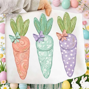 Morötter och kaniner handmålade PNG-design, vårkokettmönster, sublimerings-DTF PNG-fil, digital nedladdning av söt påskhare