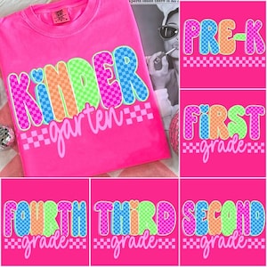 Neon Distressed Grade PNG Bundle, Checkered Back to School Design, Pre-K to 3rd Grade Teacher Clipart, Colorful First Day Sublimation Art
