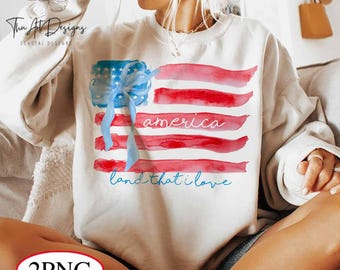 Preppy Watercolor American Flag PNG, Coquette Bow Patriotic Design, Grandmillennial 4th of July Sublimation, USA Independence Day