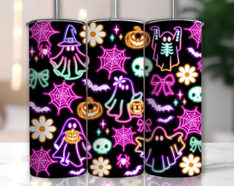 Coquette Halloween Neon Tumbler Wrap PNG, Halloween Ghost Neon 20oz Skinny Tumbler Sublimation,Spooky Season Tumbler, Neon Halloween