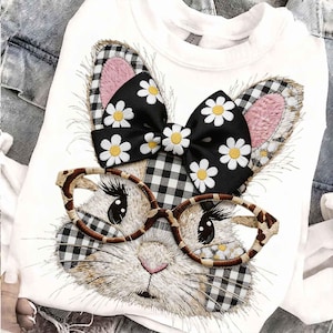 Bloemen madeliefje-patchwork png, retro geruit paasontwerp, cottagecore gingang-springhaas png, trendy paasshirt downloaden