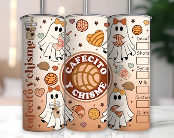 Cute Cafecito Y Chisme Tumbler Wrap, Cute Ghost Coffee Tumbler, Mexico Pan Dulce 20oz Tumbler PNG, Spooky Conchas Tumbler Wrap