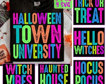 Retro Neon Halloween PNG Bundle: Hexe, Geist, Kürbis (Digitaler Download)