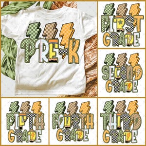 Back to School Camo Boy PNG Bundle, Checkered & Lightning Bolt Shirt Design for Kid, Pre-K, Kindergarten to 4th Grade, Retro First Day