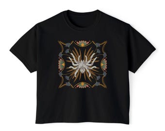 Maglietta corta con stampa artistica "Tarantula Floral Sunburst Tile Art", stile western.