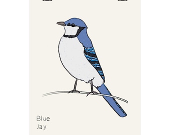 Poster verticale opaco con illustrazione di una ghiandaia azzurra / Disegno di un uccello realizzato a mano, decorazione murale a tema natura