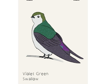 Poster con rondine verde-viola / Illustrazione di uccello disegnata a mano, decorazione murale per la cameretta dei bambini