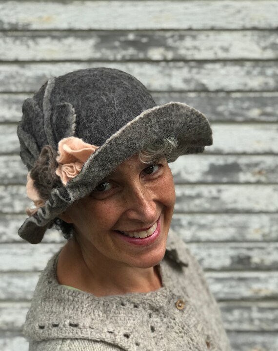 Cloche Hat With Roses Wet Felted 