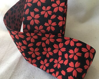 Japanese Ribbon- Black and Red Flowers- Price per yard