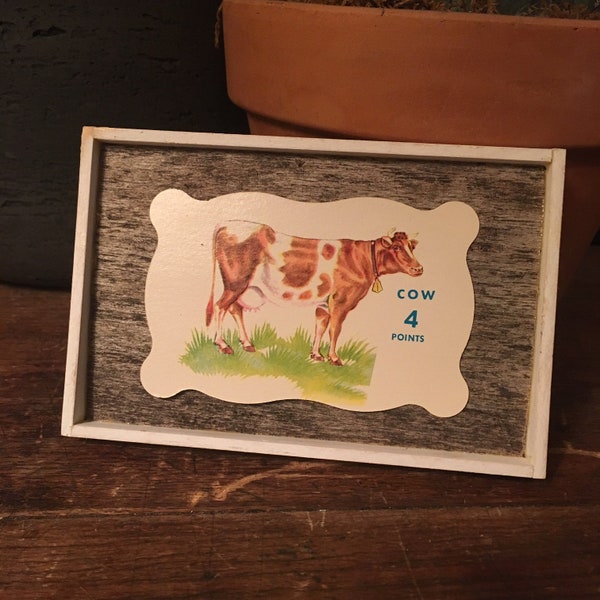 Framed Vintage Cow Game Card. Original game card from Zoo Fun Card Game. Handmade frame from reclaimed barnwood planks.