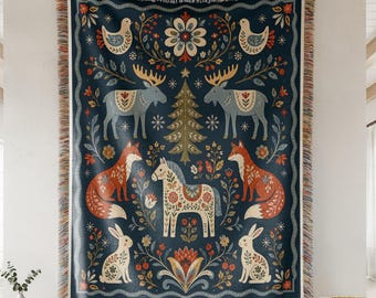Scandinavian Folk Art Woven Blanket, Nordic Woodland Animal