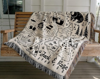 Personalized Camping Woven Blanket : Nature Lover Tapestry With Name Camp, Adventure Outdoorsy Gift