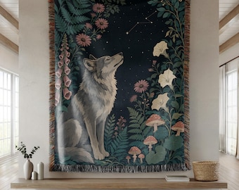 Wolf Woven Blanket, Enchanted Forest Botanical Tapestry, Celestial Woodland Throw, Dark Cottagecore Decor, Nature Lover Gift