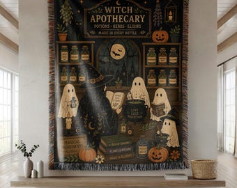 Witch Apothecary Woven Blanket, Halloween Potion Shop Throw, Ghost Witch Decor, Cottagecore Halloween Home Blanket