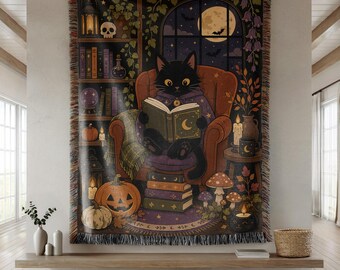 Black Cat Reading Woven Blanket, Halloween Library Throw, Cozy Witchy Decor, Dark Academia Blanket, Book Lover Halloween Gift