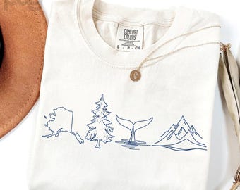 Alaska Line Art Shirt, Minimalist Alaska Nature Tee, Mountain Whale Pine Tree Graphic Shirt, Adventure Travel Gift, Outdoor Lover Tee