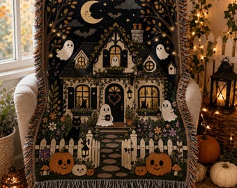 Cute Haunted Cottage Woven Blanket, Ghost House Throw, Halloween Cottagecore Decor, Cozy Pumpkin Home Blanket
