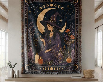 Celestial Witch Woven Blanket, Moon Phase Witch Decor, Mystical Gothic Throw, Crystal Witch Aesthetic, Halloween Home Decor