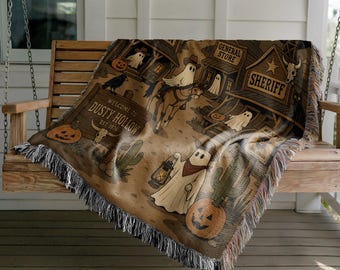 Haunted Western Ghost Town Woven Blanket, Cowboy Halloween Throw, Spooky Desert Decor, Vintage Western Halloween Gift