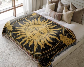 Celestial Sun Moon Woven Cotton Blanket, Zodiac Tapestry