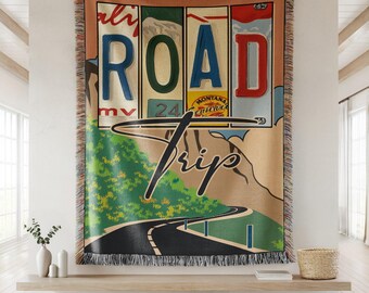 Road Trip Woven & Velveteen Blanket : Nature Lover Tapestry Camp, Adventure Outdoorsy Gift