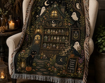Haunted Forest Apothecary Woven Blanket, Witch Potion Shop Throw, Cottagecore Halloween Decor, Ghost Herbal Apothecary Gift