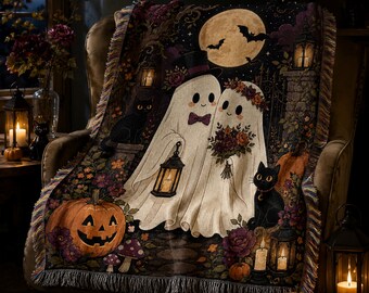 Ghost Couple Woven Blanket, Cute Halloween Love Throw, Black Cat Cottage Decor, Cozy Autumn Blanket, Spooky Home Gift
