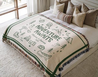 Personalized Couples Woven Blanket: Adventure Awaits Moss Green Boho Stripe, Custom Anniversary Gift