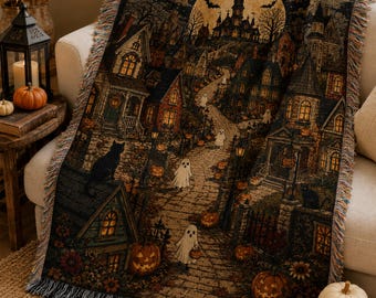 Haunted Halloween Village Woven Blanket, Cozy Ghost Town Throw, Vintage Gothic Cottage Decor, Spooky Season Gift, Fall Home Decor