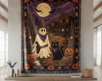Western Ghost Cowboy Woven Blanket, Cute Halloween Desert Throw, Black Cat Western Decor, Spooky Ranch Blanket