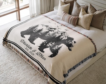 Manta de camping personalizada tejida y de terciopelo, manta de camping BEAR, regalo de compromiso para parejas amantes de la naturaleza, decoración para caravanas, campamentos y furgonetas.