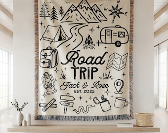 Personalized Road Trip Blanket Blanket , Nature Lover Tapestry With Name Camp, Adventure Outdoorsy Gift, Woven & Velveteen Bklanket