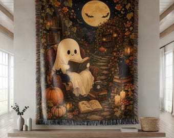 Ghost Reading Garden Woven Blanket, Cozy Halloween Library Throw, Cottagecore Autumn Decor, Black Cat Book Lover Gift