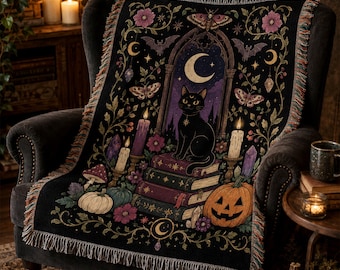 Black Cat Gothic Woven Blanket, Witch Library Throw, Halloween Crystal Decor, Mystical Moon Blanket, Cottage Goth Gift