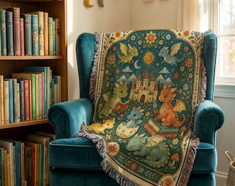 Couverture tissée bébé dragon, jeté de tapisserie art folklorique scandinave, décoration de chambre d'enfant fantastique, couverture dragon château lunatique, cottagecore confortable
