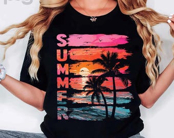Retro Summer Sunset Palm Tree Shirt: Beach Vacation Tee