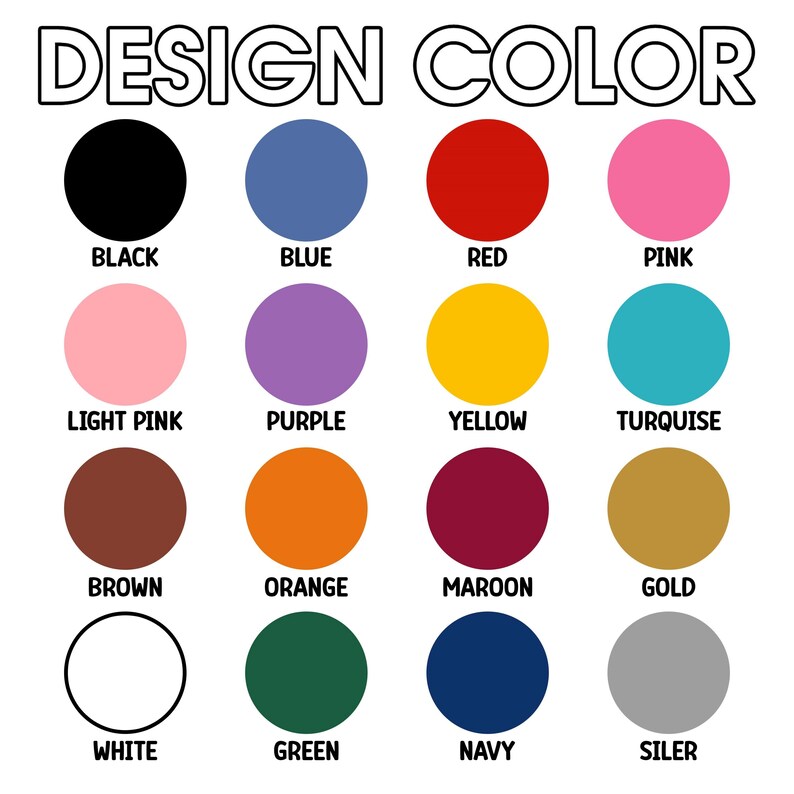 Puede incluir: Una tabla de colores con el texto "DESIGN COLOR" en la parte superior. La tabla muestra 16 muestras de color, cada una con un nombre de color correspondiente: Negro, Azul, Rojo, Rosa, Rosa claro, Morado, Amarillo, Turquesa, Marr&oacute;n, Naranja, Granate, Oro, Blanco, Verde, Marino y Siler.
