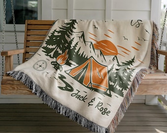 Personalized Couples Woven Blanket: Adventure Awaits Moss Green Boho Stripe, Custom Anniversary Gift