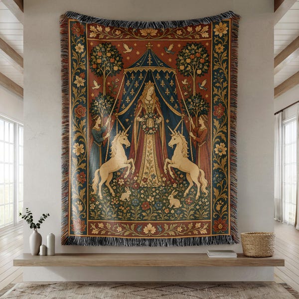 Medieval Unicorn Woven Blanket, Renaissance Tapestry Throw, Enchanted Garden Wall Hanging, Medievalcore Fantasy Home Decor