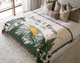 Personalized Woven Blanket: Adventure Awaits, Moss Green, Couples Gift