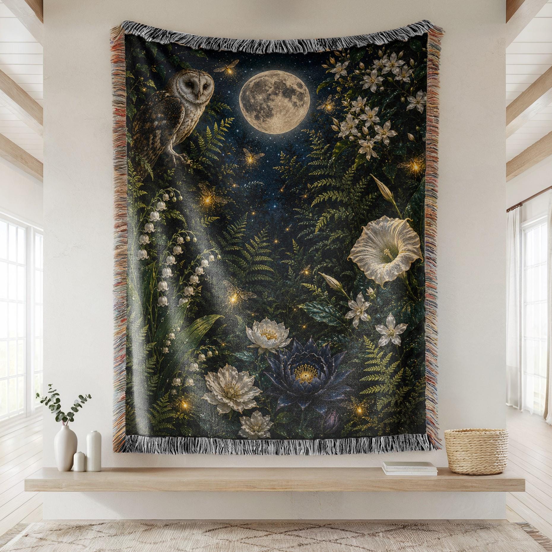 Moonlit Owl Garden Woven Blanket, Dark Botanical Wall Tapestry, Celestial Cottagecore Decor, Mystica