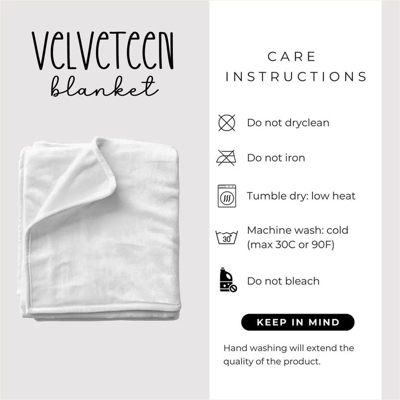 Peut inclure: Une couverture en velours blanc pli&eacute;e. L'image comprend des instructions d'entretien : ne pas nettoyer &agrave; sec, ne pas repasser, s&eacute;cher par culbutage &agrave; basse temp&eacute;rature, lavage en machine &agrave; froid (max 30&deg;C) et ne pas blanchir. Le texte "VELVETEEN blanket" est en haut.