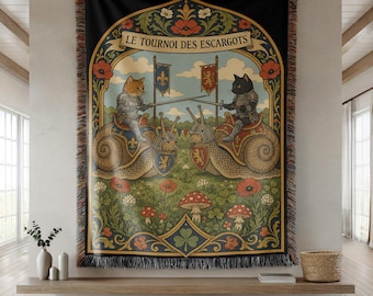 Medieval Cat Woven Blanket, Funny Knight Cats Riding Snails Tapestry, Whimsical Medieval Wall Hanging, Quirky Cottagecore Gift