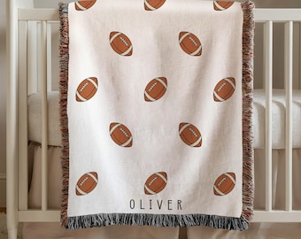 Personalized Football Baby Blanket, Custom Name Woven Throw, Baby Boy Sports Nursery Decor, Football Baby Shower Gift for Kids