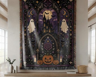 Gothic Haunted Castle Woven Blanket, Stained Glass Halloween Throw, Ghost Black Cat Decor, Witchy Gothic Blanket
